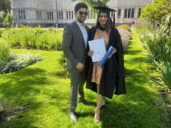 Pratic Dugar and Shriya Gupta (Master of Information Systems) at the University of Melbourne graduations held at the Royal Exhibition Building on Friday, December 13, 2024. Picture: Jack Colantuono