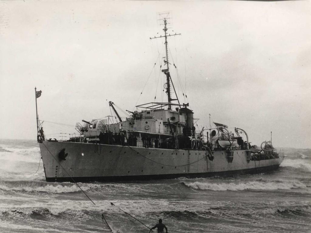 HMAS Barcoo was driven ashore just north of Glenelg during the storms, April 11, 1948. Picture: Holdfast Bay History Centre.