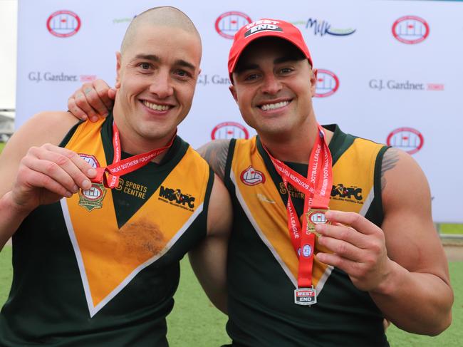 Ben Kennedy (right) celebrates Myponga-Sellicks' 2024 premiership with brother Sam. Picture: Dos Photography