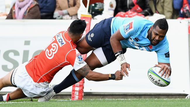Waratahs winger Taqele Naiyaravoro crashes over against the Sunwolves in Tokyo.