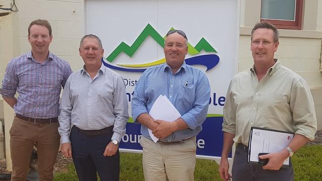 Mt Remarkable Mayor Phillip Heaslip (second right) and former council chief executive Wayne Hart (second left) with state Liberal politicians David Speirs (left) and Dan van Holst Pellekaan. Picture: Mt Remarkable District Council