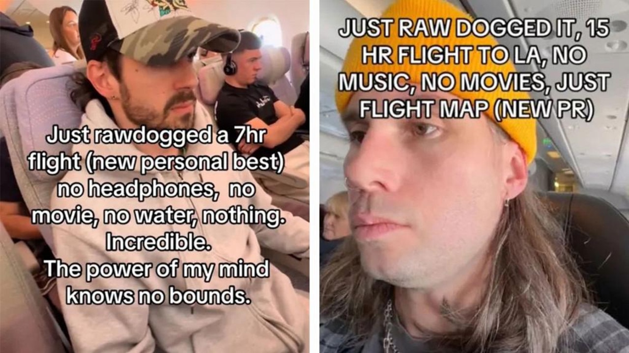 Men are inspiring each other to ever greater 'raw dog' heights on flights. Pictures via TikTok (left: @oiwudini, right: @torrenfoot)