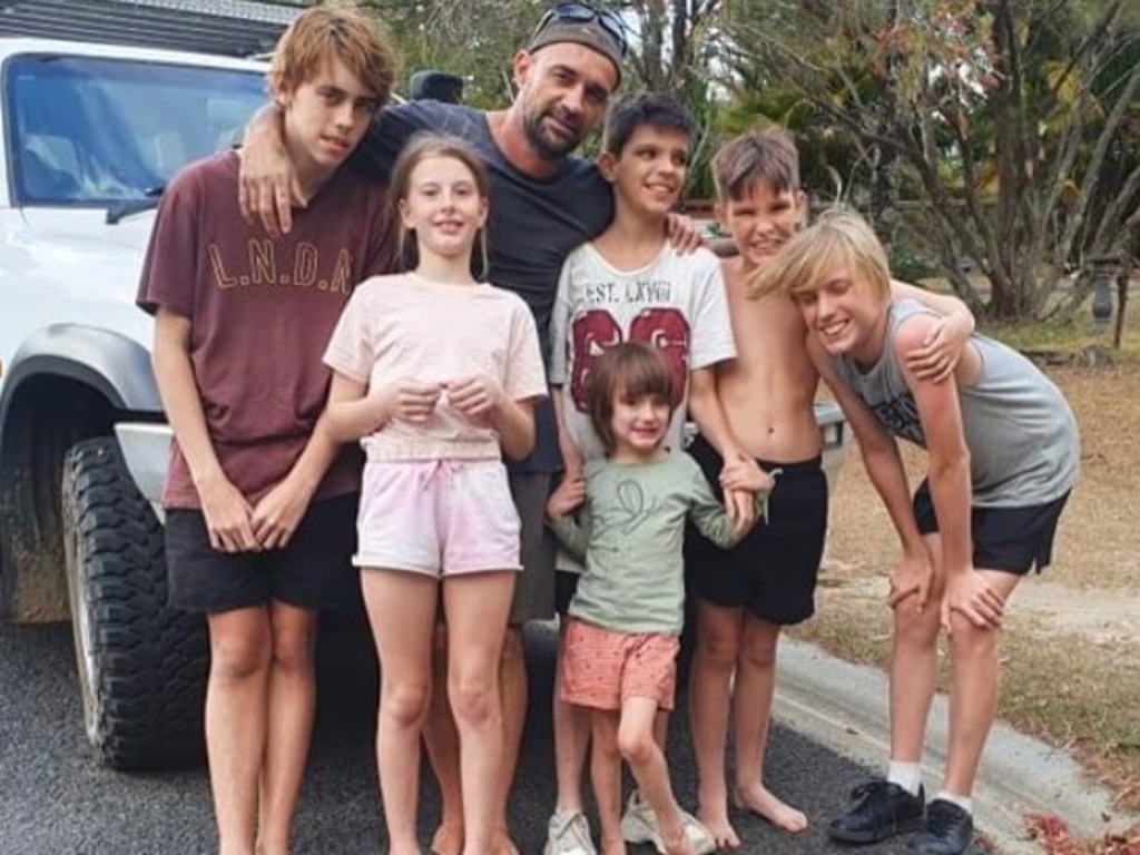 Mr Roser, pictured with his six children, said the family travelled to the NT for a mining trip when the freak accident happened. Picture: Supplied