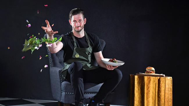 Chef Kyle McNamara with dishes plated for Boxing Day leftovers recipes at The Velveteen Rabbit in Caxton St. Picture: John Gass