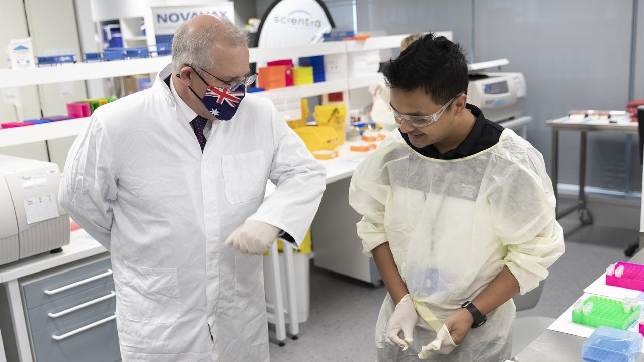 Prime Minister Scott Morrison at the Scientia Clinical Research Ltd lab in Sydney, which is conducting clinical trials of potential vaccines. Picture: Getty Images via NCA NewsWire