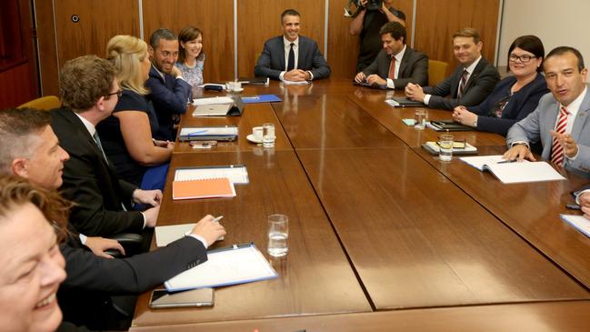 Leader of the Opposition Peter Malinauskas chairing the first meeting of the shadow cabinet at Parliament House on Wednesday. AAP Image/Kelly Barnes