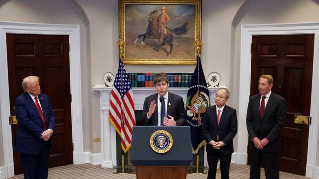 Altman announces Stargate, the day after the Trump inauguration, with SoftBank CEO Masayoshi Son and Oracle chief technology officer, Larry Ellison. Picture: Andrew Harnik/Getty Images