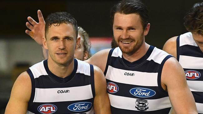 Dangerfield is glad to have Joel Selwood as a teammate and not an opponent. Picture: Getty Images