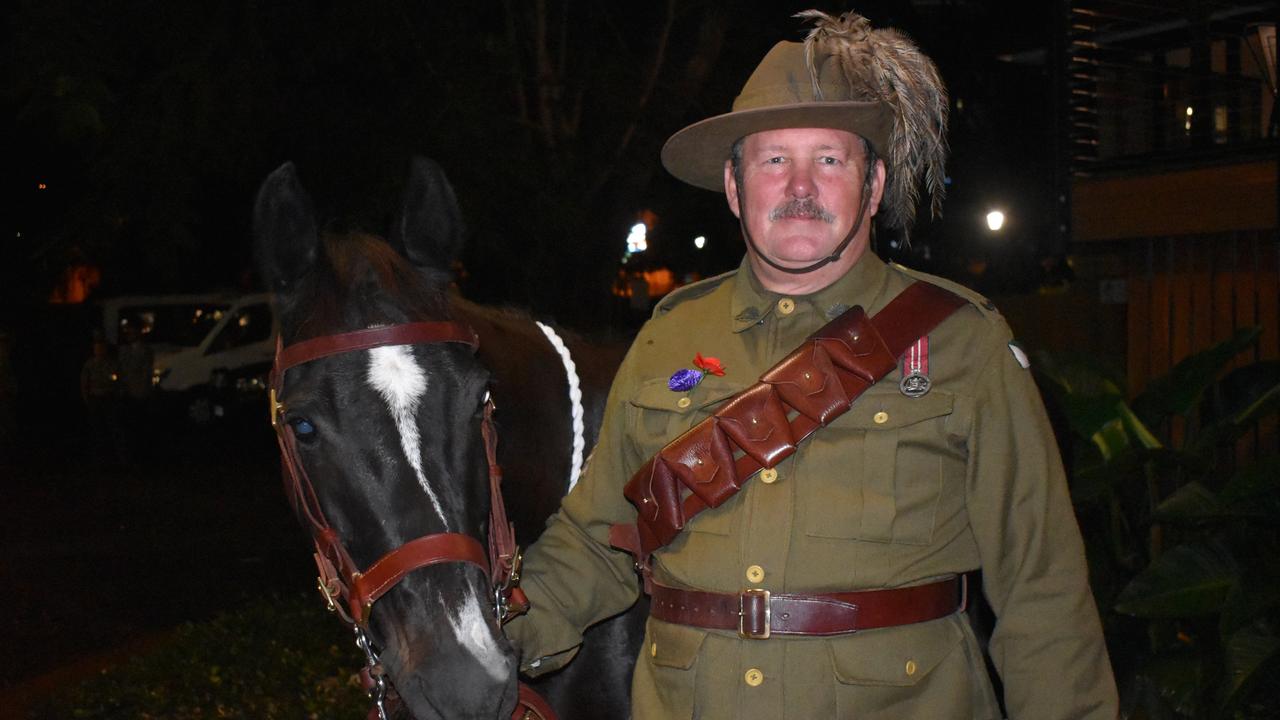 Trooper Jo Moore from the 2nd Light Horse Plainland Troop and horse Elizabeth River Cavalier at the 2022 Ipswich Anzac Day Dawn Service. Picture: Jessica Baker