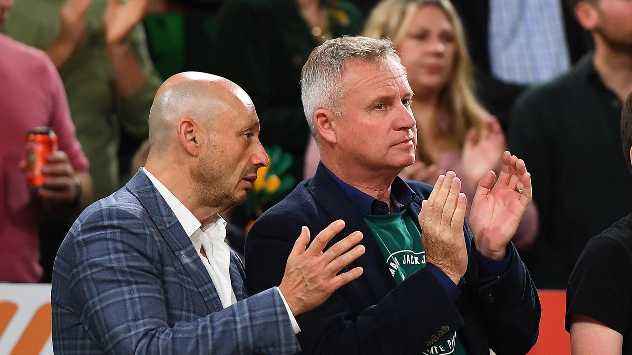 Larry Kestelman and Premier Jeremy Rockliff Premier of Tasmania watch Tasmania JackJumpers and Melbourne United at MyState Bank Arena in 2022 in Hobart. Picture: Steve Bell/Getty Images