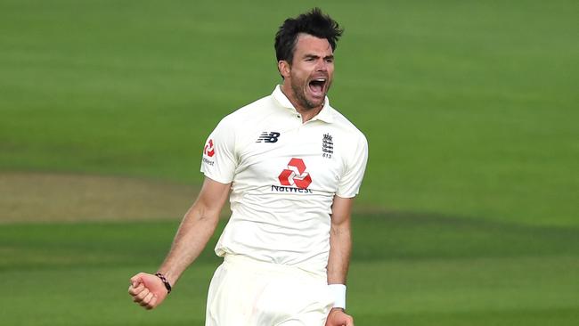 SOUTHAMPTON, ENGLAND - AUGUST 13: James Anderson of England celebrates taking the wicket of Azhar Ali of Pakistan during Day One of the 2nd #RaiseTheBat Test Match between England and Pakistan at The Ageas Bowl on August 13, 2020 in Southampton, England. (Photo by Gareth Copley/Getty Images for ECB)