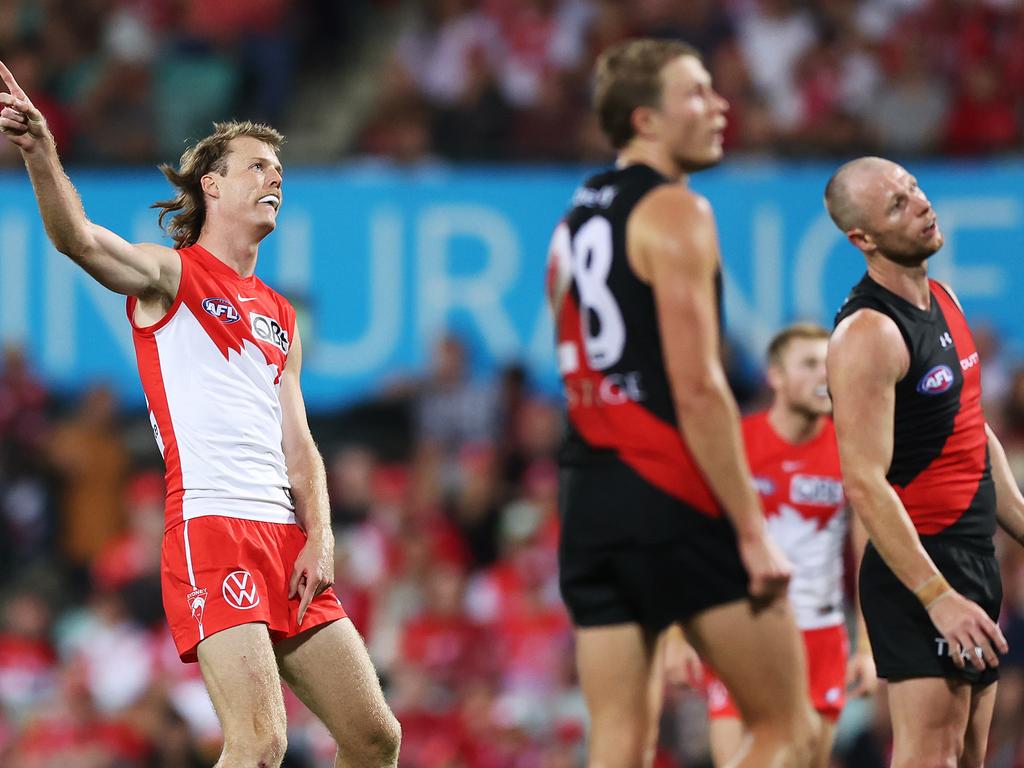 SYDNEY, AUSTRALIA - MARCH 23: Nick Blakey of the Swans celebrates kicking a goal during the round two AFL match between Sydney Swans and Essendon Bombers at SCG, on March 23, 2024, in Sydney, Australia. (Photo by Mark Metcalfe/AFL Photos/via Getty Images )
