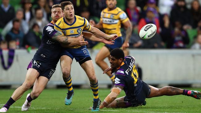 Mitchell Moses’ Eels could find no break of Melbourne’s defence. Photo: Kelly Defina/Getty Images