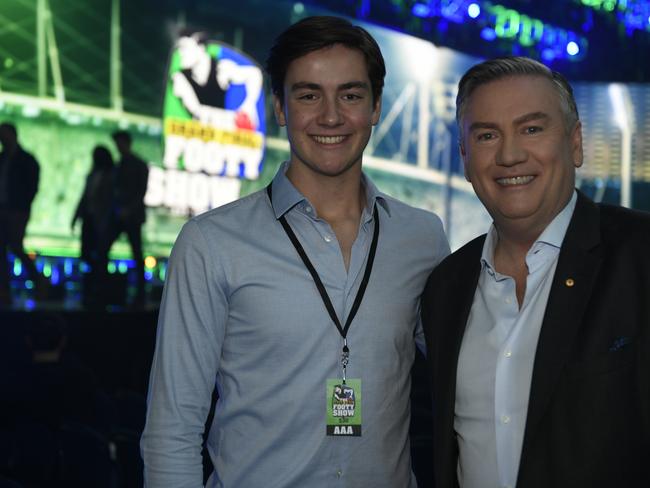 Joe and Eddie McGuire at the 2019 Footy Show Grand Final special at Rod Laver Arena. Picture: Channel 9