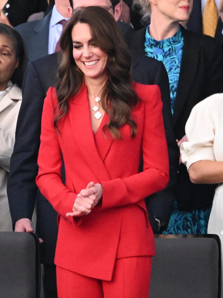 She stuck to her British theme with a bold red suit at the concert. Picture: Leon Neal/Getty Images