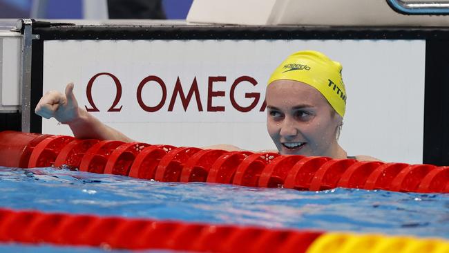 Thumbs up … Ariarne Titmus celebrates her women’s 800m freestyle silver medal. Picture: Alex Coppel