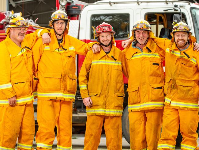 A bushfire burns south-east of Rosedale. Rosedale CFA members Phil Davison, Firefighter, Matt Swale, Second Lt, Stu Burley, Captain, Alan White, Third Lt, Peter Mansfield, Firefighter. Picture: Mark Stewart