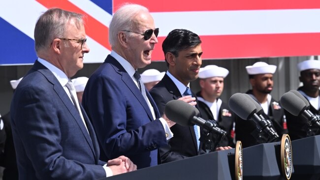 Prime Minister Anthony Albanese announced Australia's role in the AUKUS deal alongside United States President Joe Biden and United Kingdom Prime Minister Rishi Sunak on March 13. Picture: Leon Neal/Getty Images