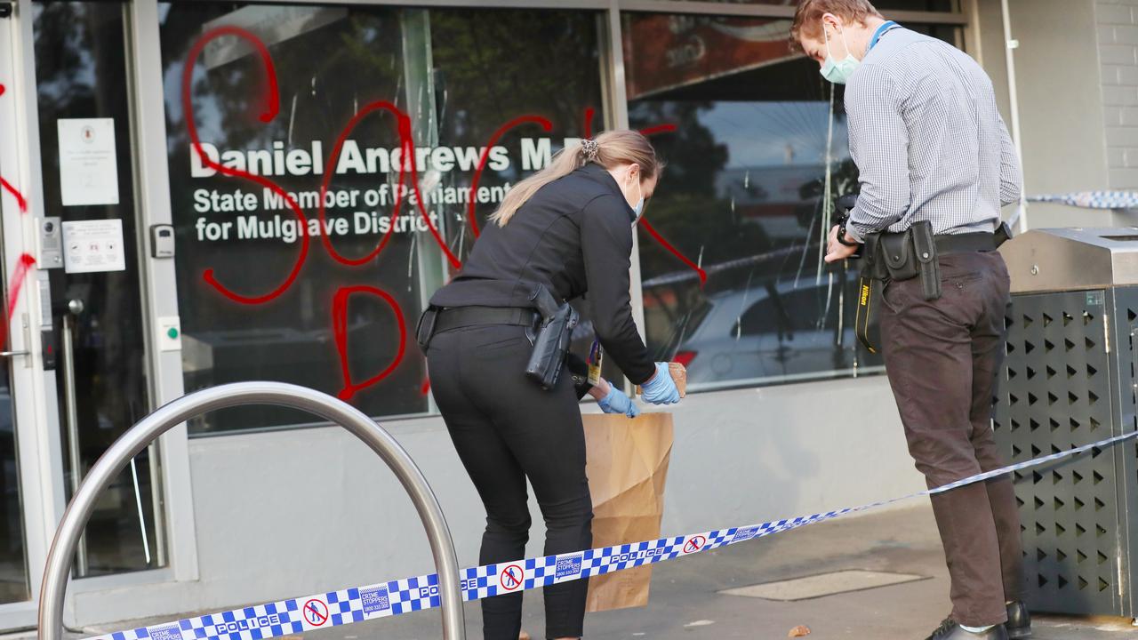 Police collect evidence after Victorian Premier Daniel Andrews’s electorate office was vandalised. Picture: NCA NewsWire/ David Crosling