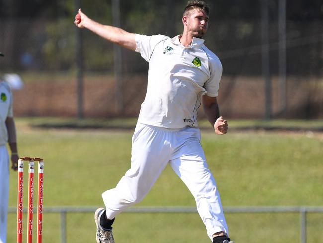 Pat Gallow of PINT bowling in the Darwin District Cricket match between PINT and Waratah at the Marrara Cricket Ground on Saturday, 18 August 2018. Picture: Felicity Elliott