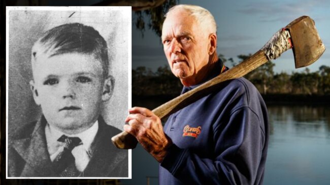 Neil Kerley as a five year old – and decades later, with his trusty axe.