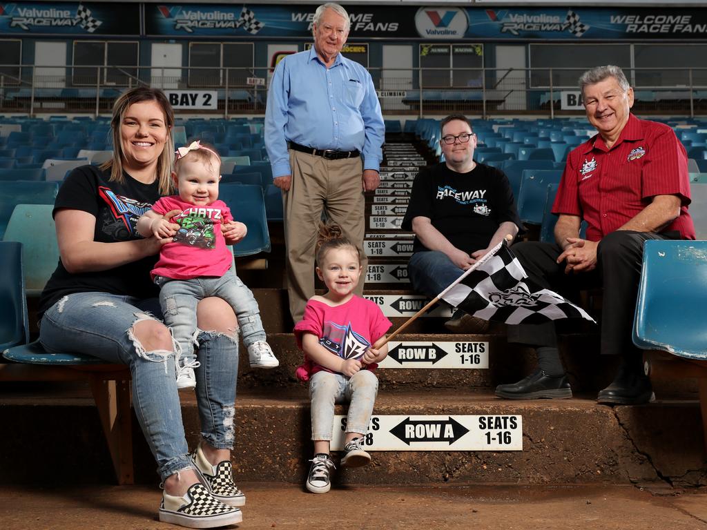 (L-R) Spring car driver Mikaela Darcy and her daughters, Speedway journalist Dennis Newlyn, Speedway statistician Shaun MacDonald and Speedway official Lance Wilson at the Sydney Speedway in Granville. Picture: Jonathan Ng