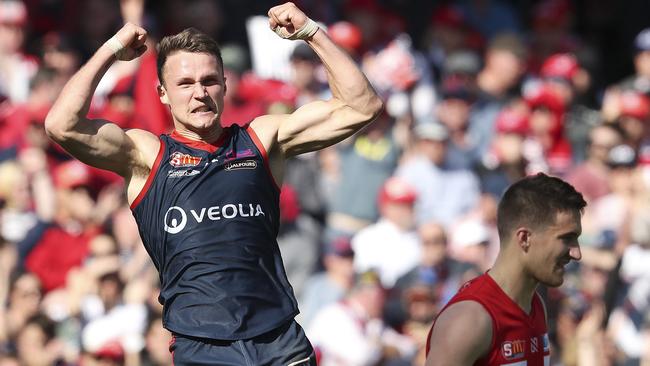 Peter Bampton celebrates a goal during the 2018 SANFL grand final for Norwood. Picture: Sarah Reed