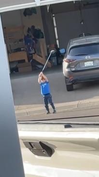 Kid destroys dad's new golf club