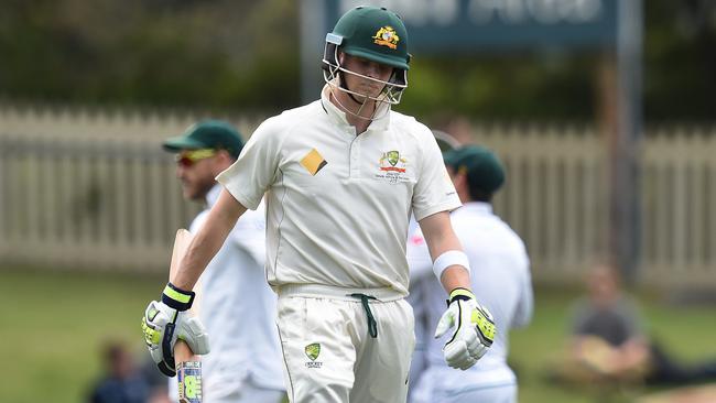 Australia captain Steve Smith departs after being dismissed.