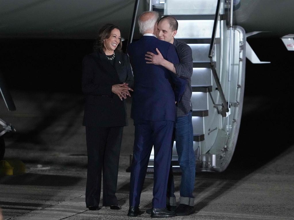 U.S. President Joe Biden and Democratic presidential candidate Kamala Harris greet Evan Gershkovich, a prisoner freed by Russia, as he arrives in the US. Picture: AFP