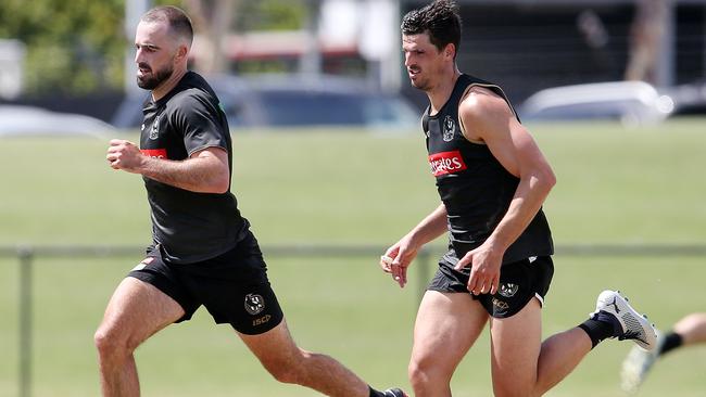 Collingwood stars Steele Sidebottom and Scott Pendlebury will both play AFLX but on different teams. Picture: Michael Klein