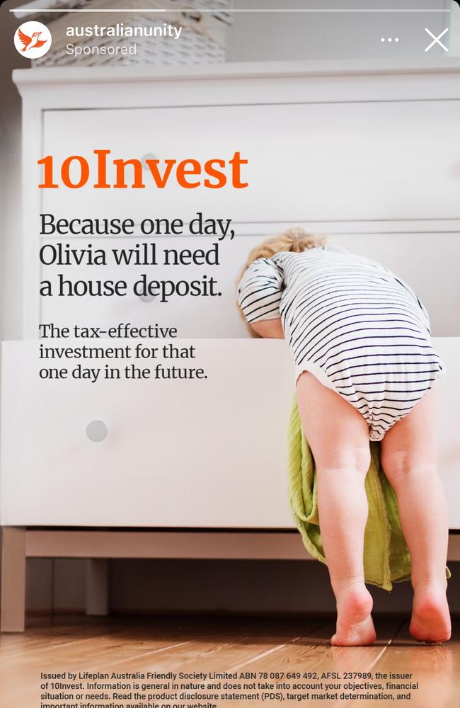 An ad for a financial product marketed to parents to save a home deposit for their kids.