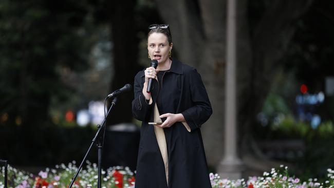 Beyond Body Coaching founder Mia Findlay pictured speaking at rally. Picture: NewsWire / Damian Shaw