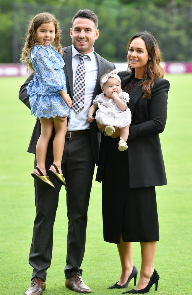 Darius Boyd with wife Kayla and children Willow, 4, and Romi, 5 months. Picture: AAP Image/Darren England