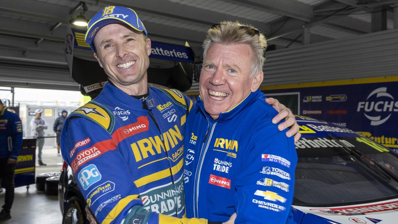 Team 18 driver Mark Winterbottom (left) with team owner Charlie Schwerkolt. Picture: Mark Horsburgh