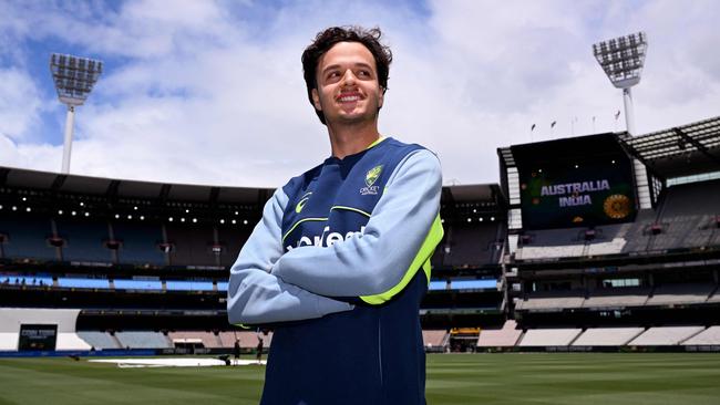 TOPSHOT - Australian cricketer Sam Konstas poses for the media at the Melbourne Cricket Ground (MCG) in Melbourne on December 23, 2024, ahead of the fourth cricket Test match between Australia and India starting December 26. (Photo by William WEST / AFP) / -- IMAGE RESTRICTED TO EDITORIAL USE - STRICTLY NO COMMERCIAL USE --