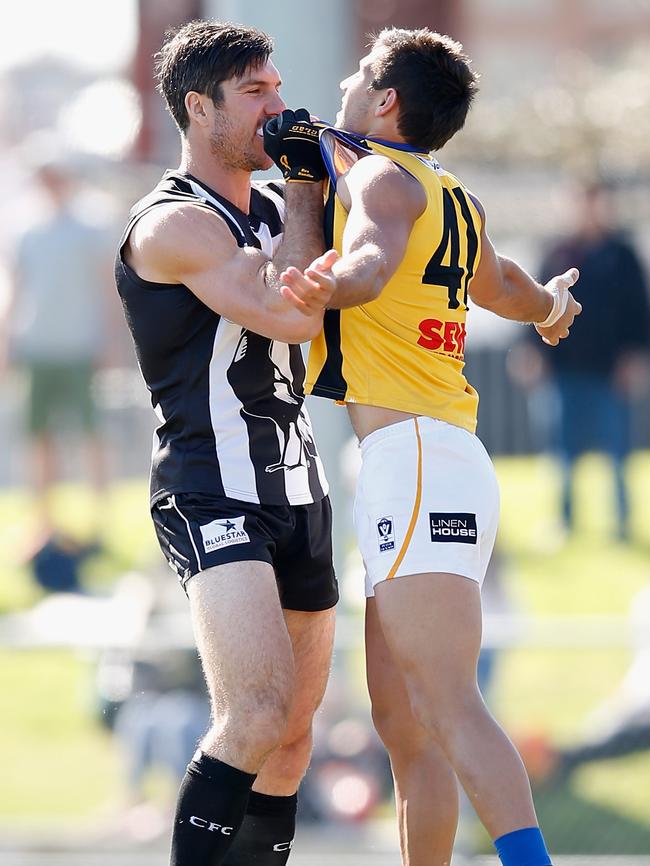 Magpie Quinten Lynch gets to grips with Zebra Darren Minchington.