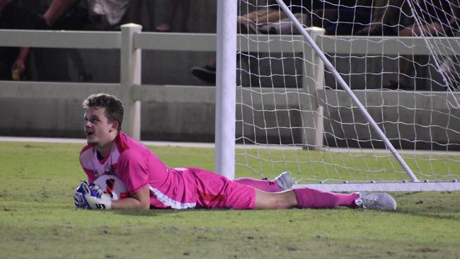 Ethan Reed's spectacular save in the Magpies Crusaders v Sunshine Coast Fire in the FQPL1 at Sologinkin Oval. Saturday, March 19, 2022. Picture: Tara Miko