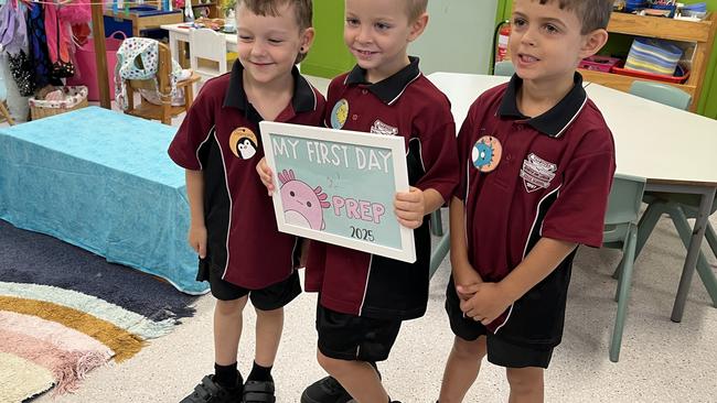 Desmond Binstead, Kai Carty and Luca Smallwood. Kindy friends unite! Taabinga State School on January 28, 2025.