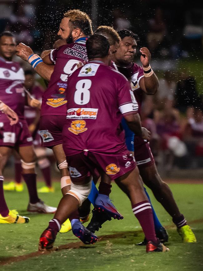 Yarrabah Seahawks tackle Innisfail's Gabriel Stephen. Picture: Emily Barker