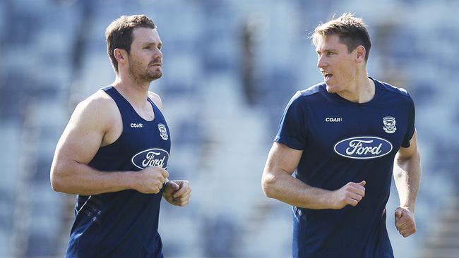 Patrick Dangerfield and Mark Blicavs at Geelong training. Picture: Nathan Dyer
