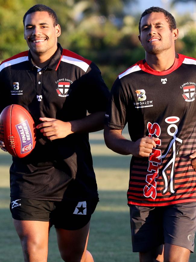 Brothers Timakoi Bowie and Tui Lowah are playing together for the Saints team in AFL Cairns. PICTURE: STEWART McLEAN