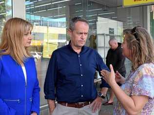 Richmond MP Justine Elliot and Opposition leader, Bill Shorten talking to a resident during their walk through Lismore's CBD. April 13. Picture: Jasmine Burke