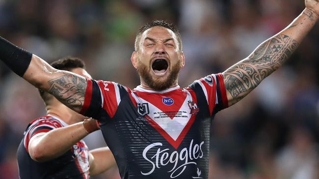 Roosters' Jared Waerea-Hargreaves celebrates victory during the 2019 NRL Grand Final between the Sydney Roosters and Canberra Raiders at ANZ Stadium on 6 October, 2019 in Sydney. Picture. Phil Hillyard