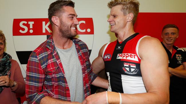 Former Saint Sam Fisher with Nick Riewoldt in 2017. Picture: AFL Media