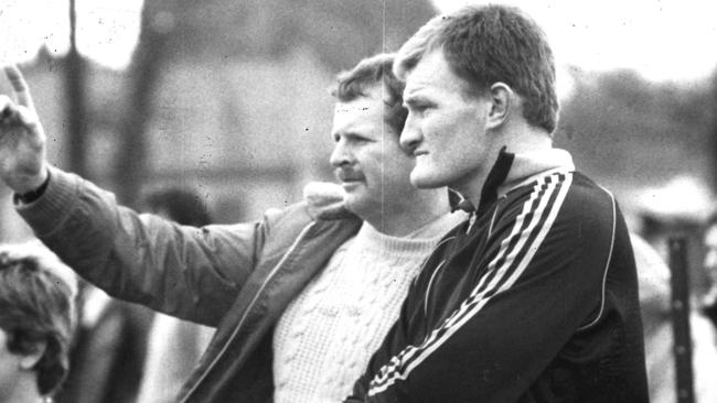 St Kilda’s Mark Jackson with St Kilda coach Tony Jewel.