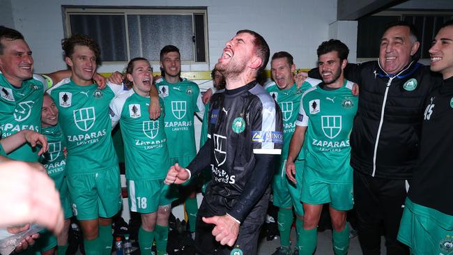 Bentleigh players celebrate in style after their emphatic 4-0 win.