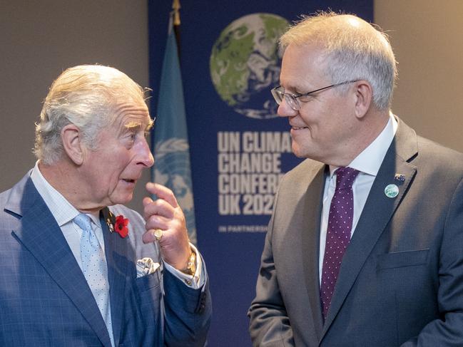 GLASGOW, SCOTLAND - NOVEMBER 02: Prince Charles, Prince of Wales greets the Prime Minister of Australia Scott Morrison (R) ahead of their bilateral meeting on day three of COP26 at SECC on November 2, 2021 in Glasgow, United Kingdom. COP26 is the 2021 climate summit in Glasgow.  It is the  26th "Conference of the Parties" and represents a gathering of all the countries signed on to the U.N. Framework Convention on Climate Change and the Paris Climate Agreement. The aim of this year's conference is to commit countries to net zero carbon emissions by 2050. (Photo by Jane Barlow - Pool / Getty Images)