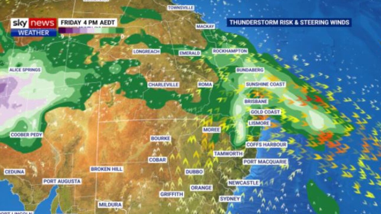 On Friday, a trough will likely push storms into south east Queensland. Picture: Sky News Weather.