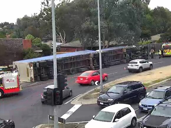 A B-double truck has rolled on Lower Plenty Rd near Greensborough Rd in Rosanna. April 6, 2022. Picture: Department of Transport